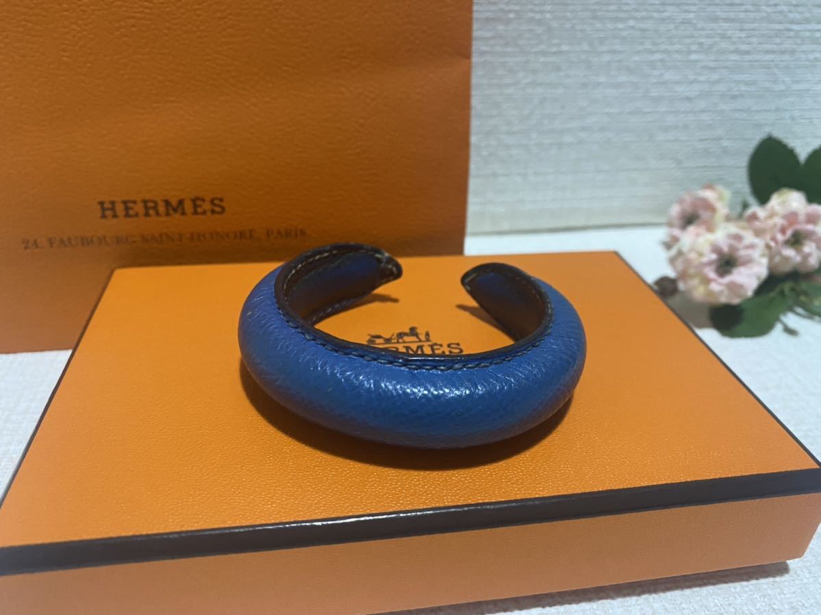 レア希少デザイン☆HERMESエルメス本革総レザーバングルブルージーン色お洒落なレディースバングル腕輪刻印有り本物ブレスレット拍卖