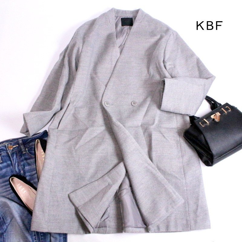 美品 厚手 KBF アーバンリサーチ ■ 冬 あったか ロングチェスターコート ウールコート グレー Vネック ゆったり オーバー シンプル拍卖