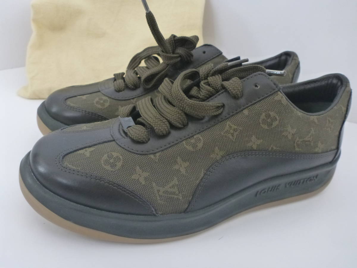 超美品 ルイヴィトン(Louis Vuitton)★カーキ 保存袋あり レザー×キャンパス スニーカー シューズ 靴 36 1/2 …23.5くらい拍卖