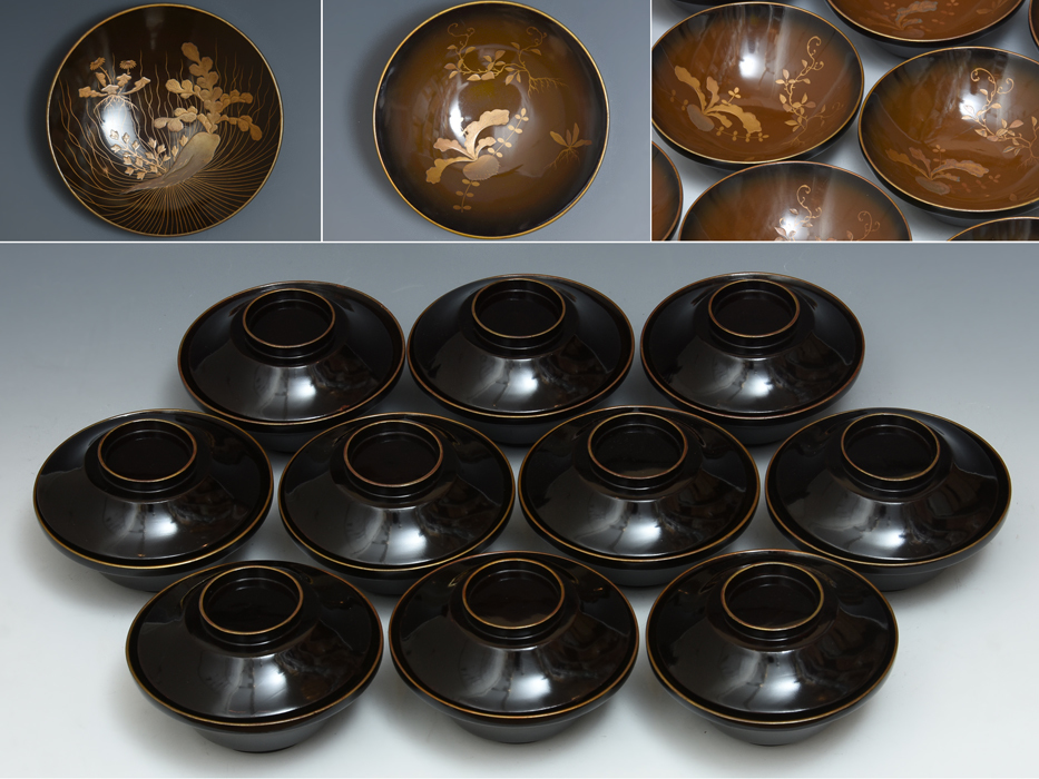 大根蕪蒔絵吸物椀 10客セット 懐石 漆工芸 漆芸 木工芸 天然木 木製漆器 懐石道具 時代 煮物椀 z4090o拍卖