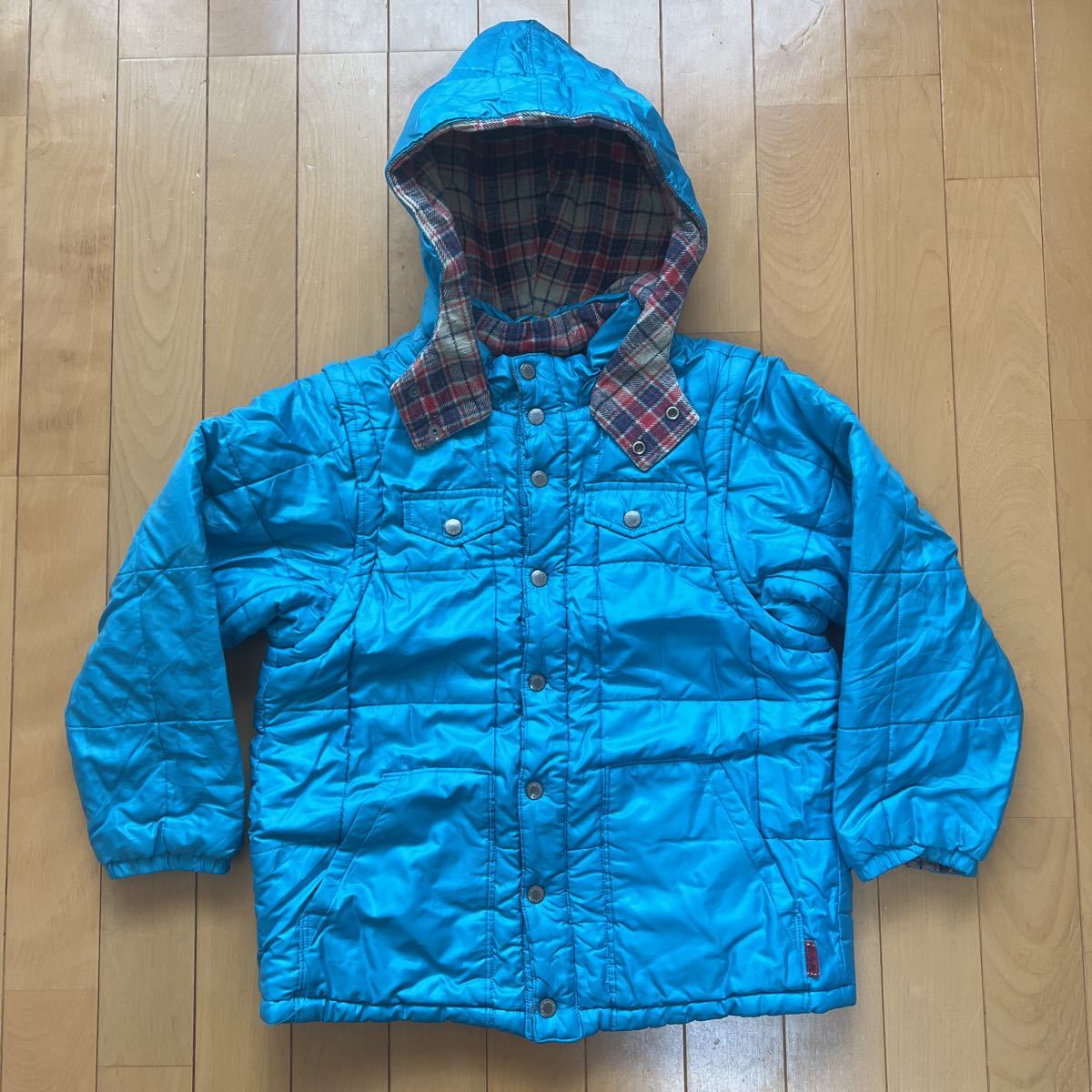 e.a.b リバーシブルダウンジャケット 子供用 130サイズ フード付き ブルー チェック ブルゾン アウター 防寒 拍卖