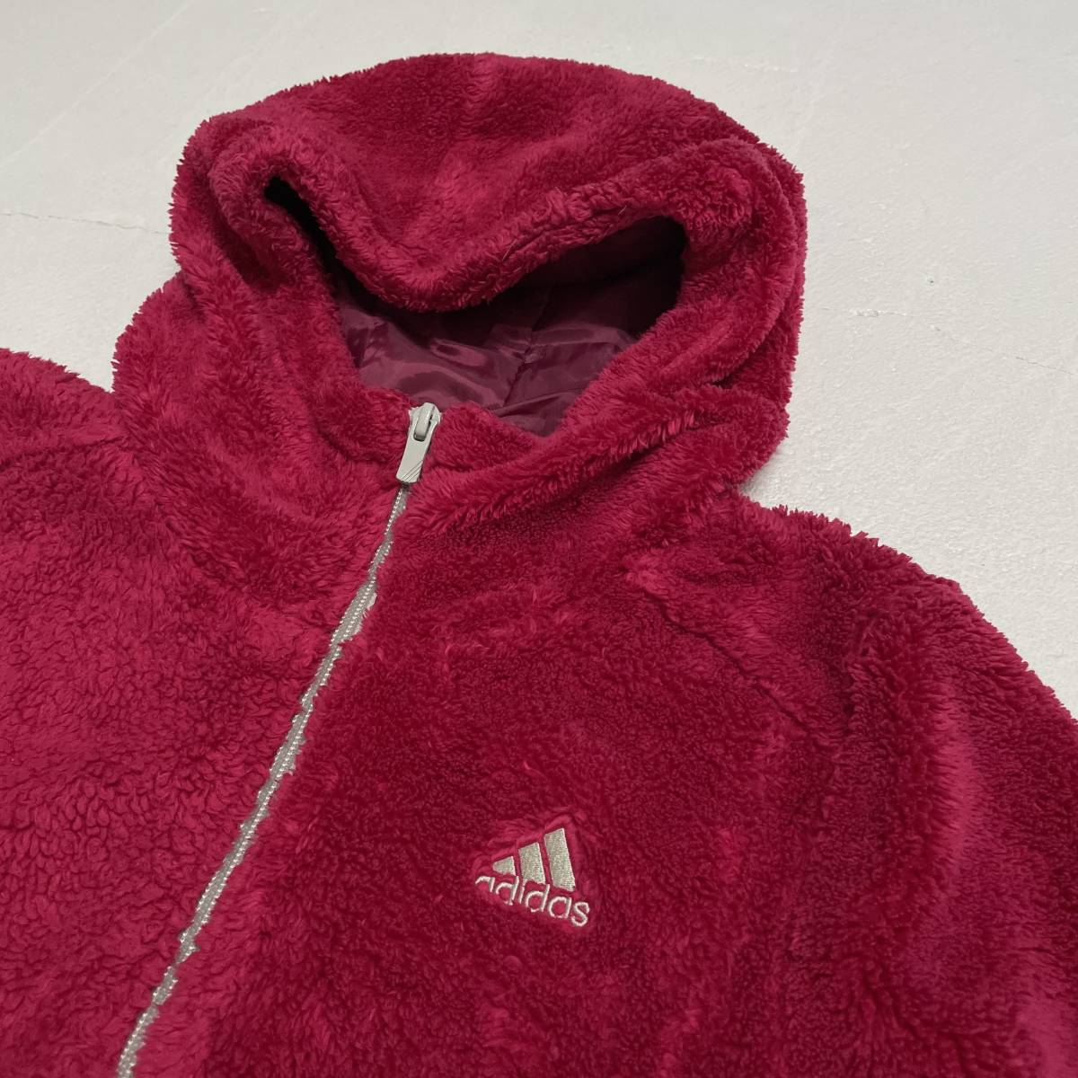 古着 adidas ファー フリース パーカー Mサイズ / フルジップ ピンク アディダス レディース フード 拍卖