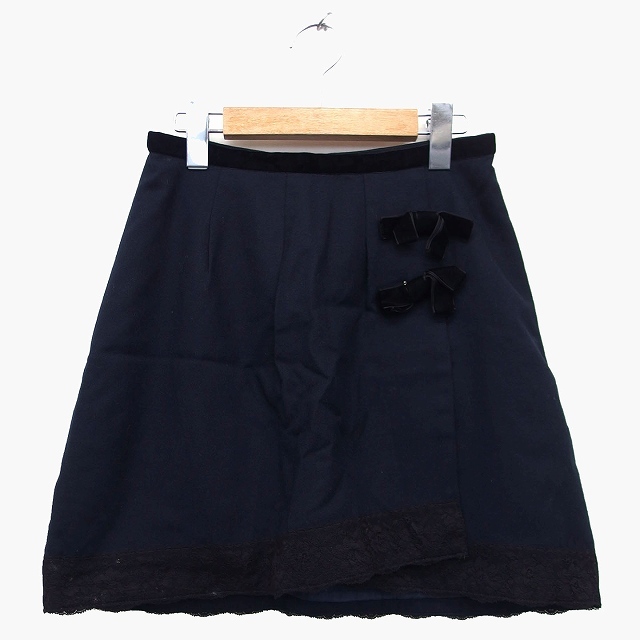 クリアインプレッション CLEAR IMPRESSION 台形 スカート ミニ ベルベットテープ リボン レース 花柄 タック ウール 毛 2 ブラック 黒 /HT3拍卖