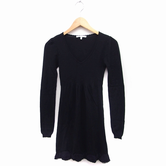 レベッカテイラー rebecca taylor ニット ワンピース Vネック 長袖 ひざ丈 無地 ウール混 2 ブラック 黒 /FT13 レディース拍卖