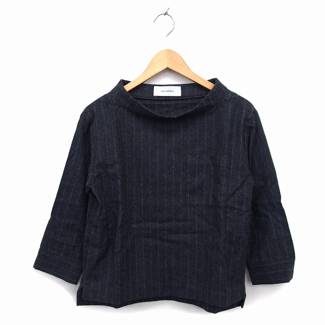 エリオポール heliopole カットソー ニット モックネック ウール カシミヤ混 ストライプ 七分袖 38 チャコールグレー /NT18 レディース拍卖