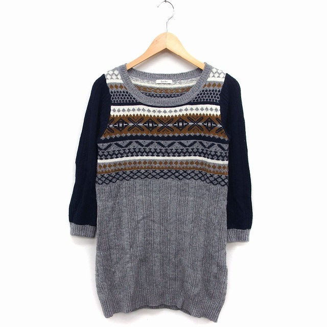 イーストボーイ EAST BOY チュニック ニット セーター 長袖 丸首 幾何学柄 ウール混 9 グレー 灰 ネイビー 紺 /FT5 レディース拍卖