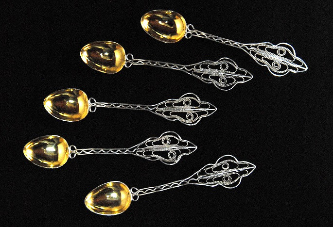 アンティーク 1920年頃 純銀製 美しいフィリグリーのスプーン5本(g81) 【郵パック発送】拍卖