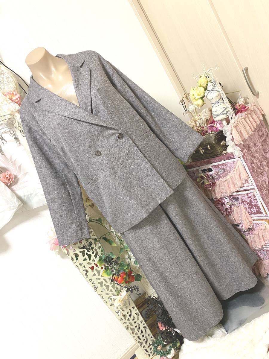 レディスおおきめゆったりS(M程度):LA KO LE◆ジャケット&ウエストゴム*ワイドパンツ/スーツ:ブラウン拍卖