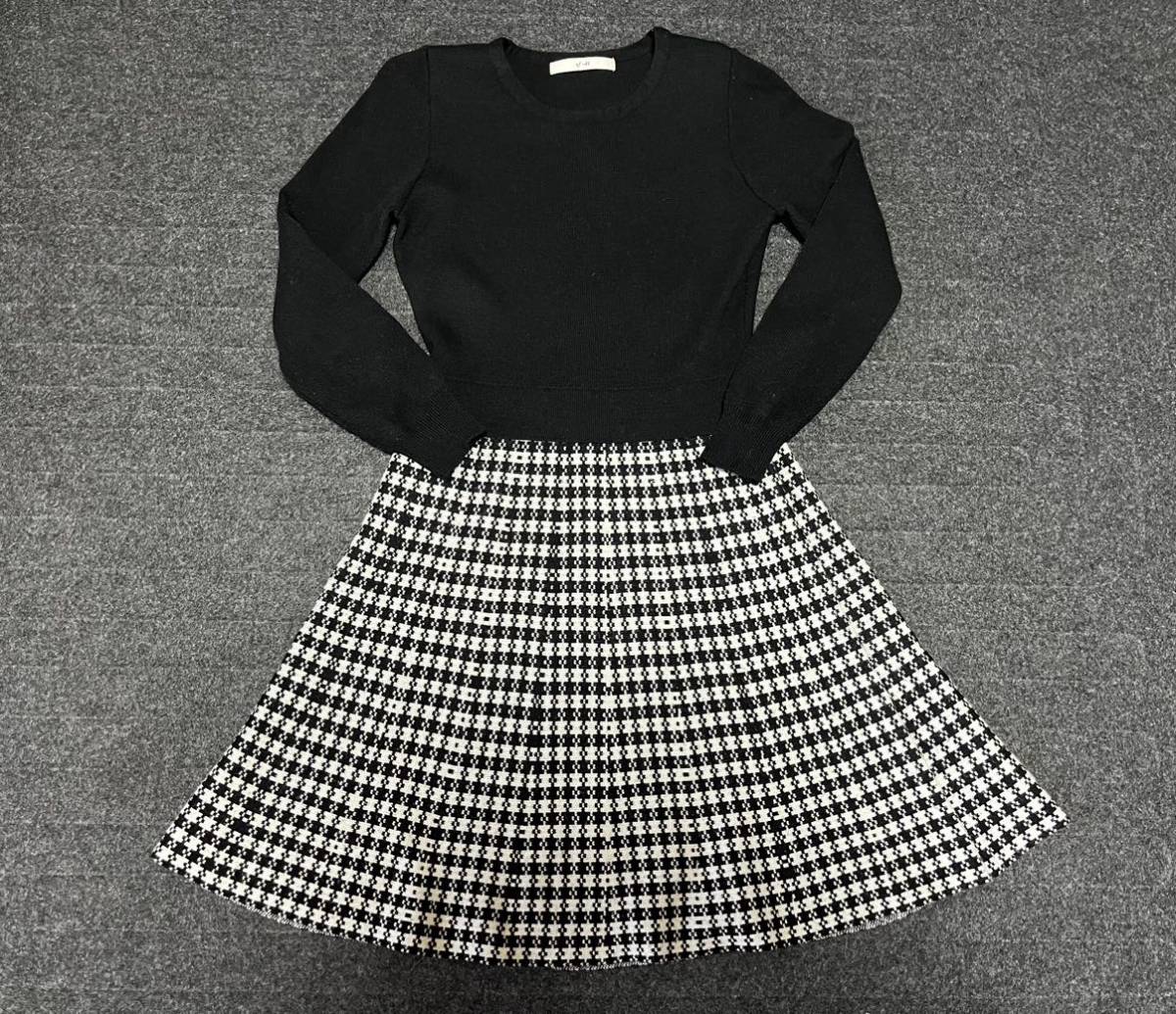 ef-de エフデ ドッキングワンピース 長袖ニットセーター 千鳥模様チェック柄 黒ブラック白ホワイト モノトーン エムズグレイシー系拍卖