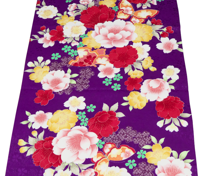 203番 新品 化繊(ポリエステル)少しレトロな感じの振袖用生地端切れ 39センチ145センチ 桜の地模様入り 紫色の地色に蝶や桜の花尽くし拍卖