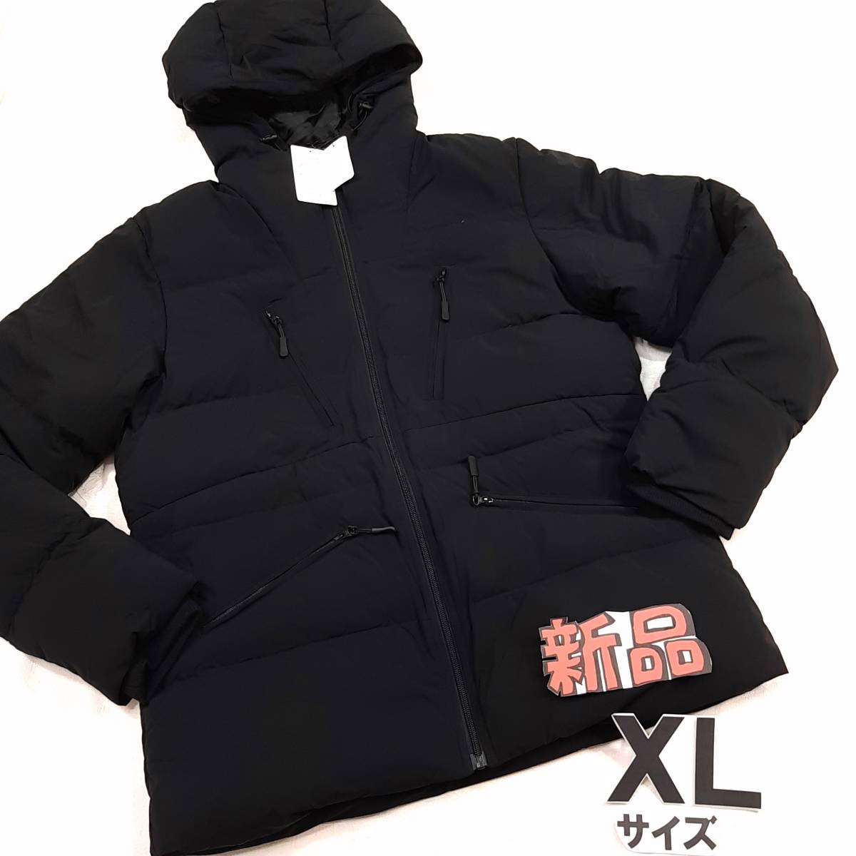 H4新品定価17064円★送料無料★羽毛ダウンジャケット フード付パーカーコート ジップセミロング丈ジャンパー★メンズXLサイズ ブラック黒色拍卖