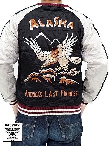 レーヨンスカジャン「HAWK」◆HOUSTON ブラックLサイズ 51216 ヒューストン 鷹 和柄 和風 刺繍 スーベニアジャケット 中綿拍卖