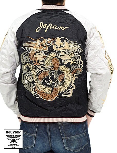 レーヨンスカジャン「DRAGON」◆HOUSTON ブラックXLサイズ 51215 ヒューストン 龍 和柄 ドラゴン スーベニアジャケット 中綿拍卖