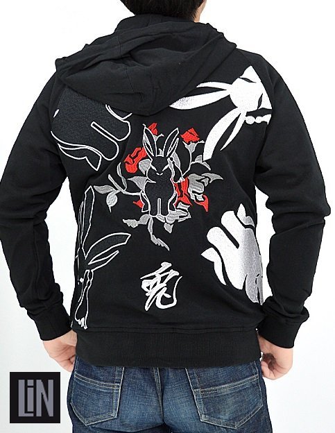 黒菟華 薔薇菟パーカー◆LIN ブラックXLサイズ AL-758007 兎 うさぎ ウサギ 刺繍 和柄 スウェット拍卖