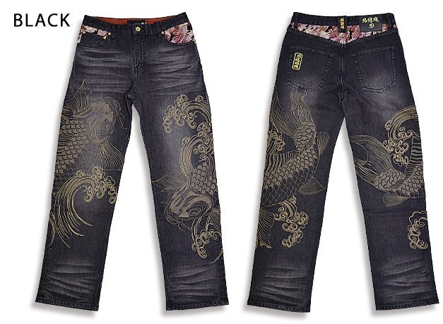 双鯉刺繍デニムパンツ◆絡繰魂 ブラック38inch 38インチ 224250 和柄 和風 コイ ジーンズ ジーパン からくり拍卖