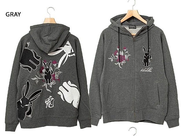 黒菟華 薔薇菟パーカー◆LIN グレーXXLサイズ AL-758007 兎 うさぎ ウサギ 刺繍 和柄 スウェット拍卖