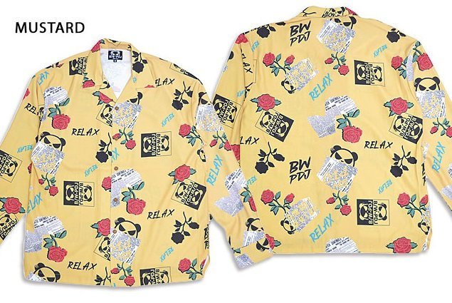 B/W-PDJ RELAXシリーズ 薔薇パンダ総柄プリントシャツ◆PANDIESTA JAPAN マスタードXLサイズ 592605 パンディエスタジャパン ゆったりめ拍卖