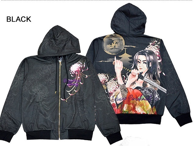 抜刀娘 葵満月に駆けるジップパーカー◆抜刀娘 ブラックLサイズ 213870 和柄 和風 スエット 刺繍 綺麗 花魁拍卖