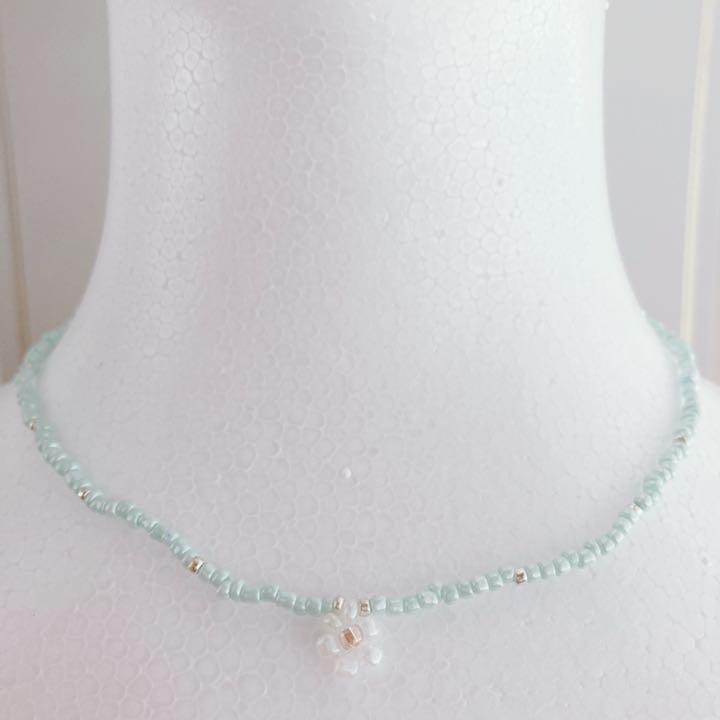 ビーズネックレス☆花 シルバー ミントグリーン パール 白花 Japan Vintage jewelry accessories 0538拍卖