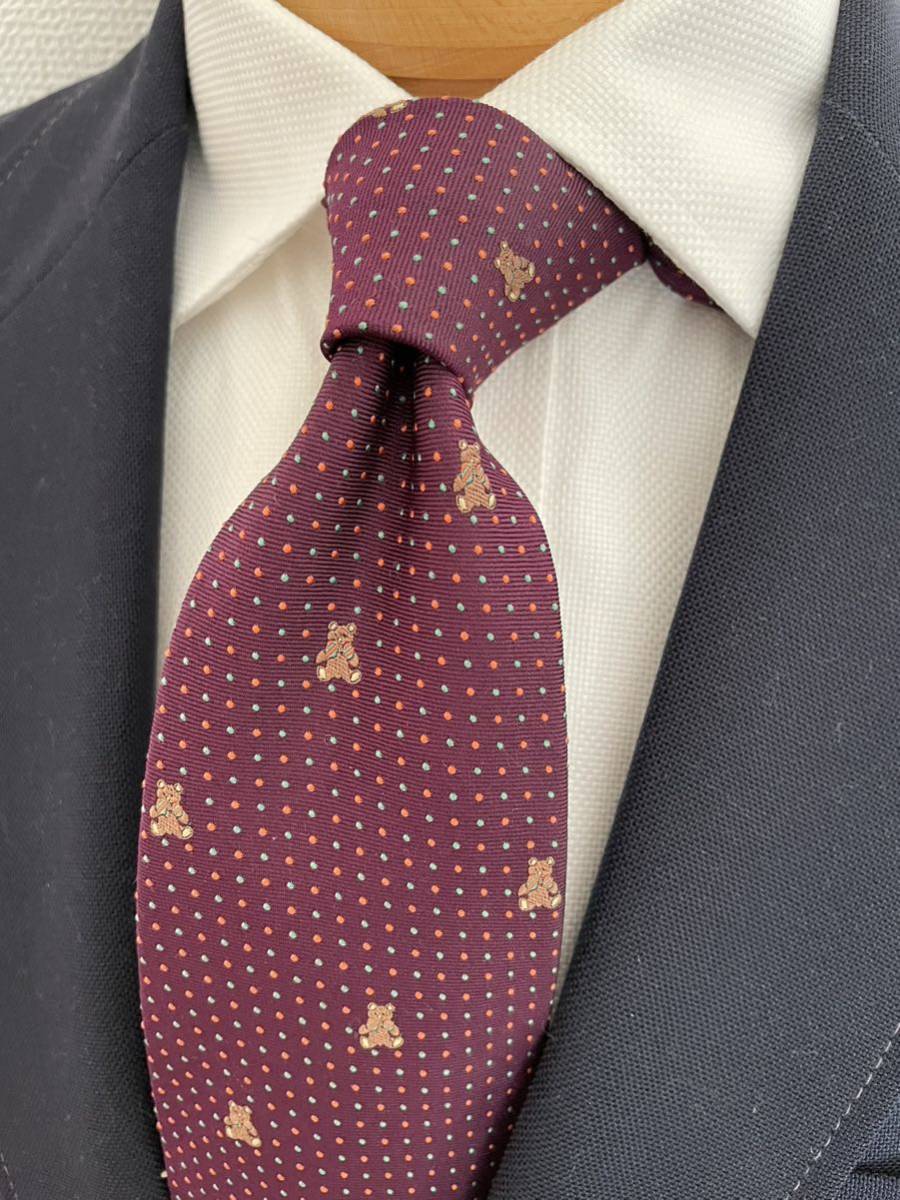 【美品】菱屋ヴィンテージ ネクタイ パープル系テディベア柄 大剣約8.5cm 高級シルク拍卖