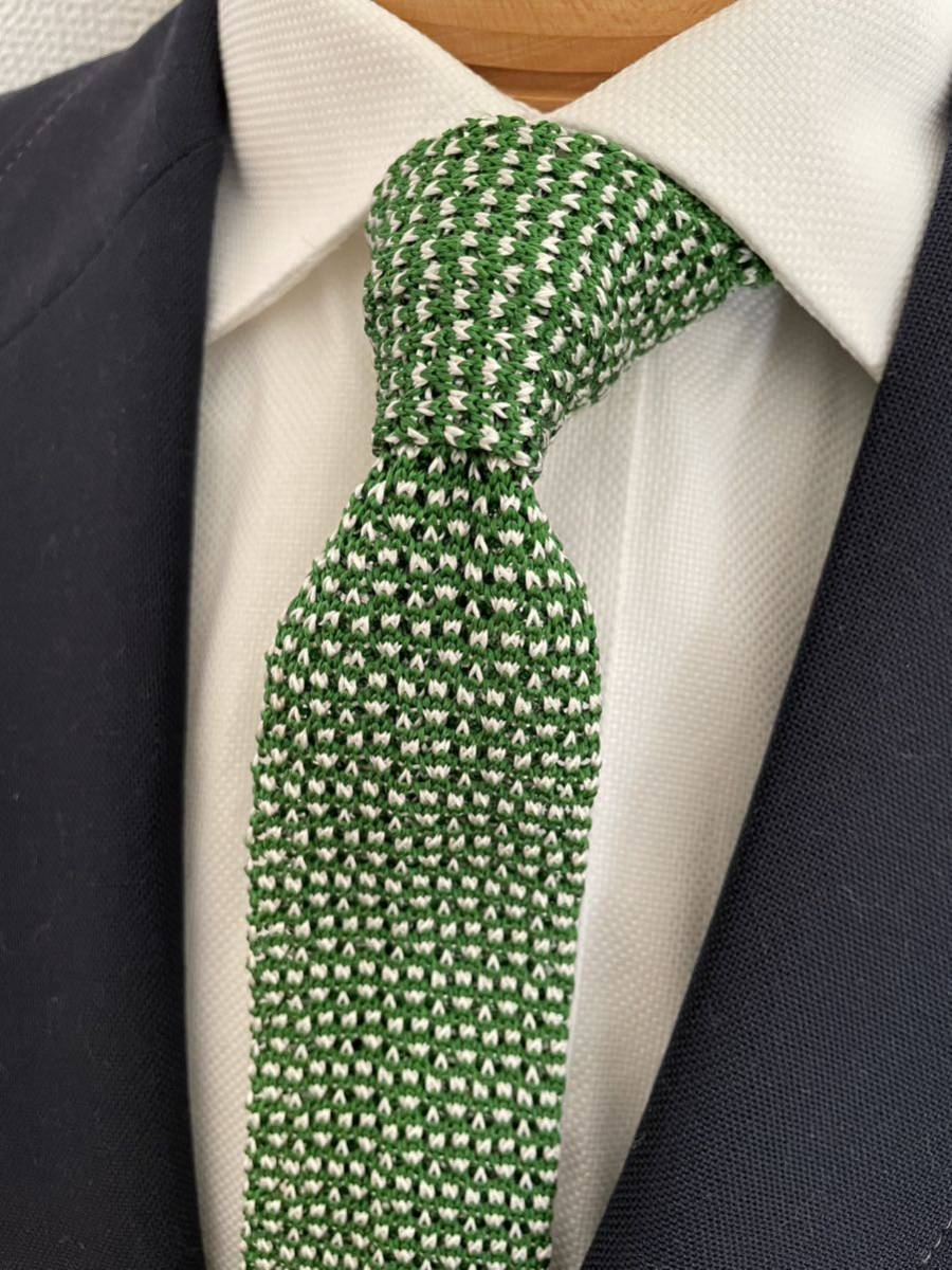 【美品】MALE&CO シルクニットタイ グリーン系大剣約5cm ネクタイ タカキュー拍卖