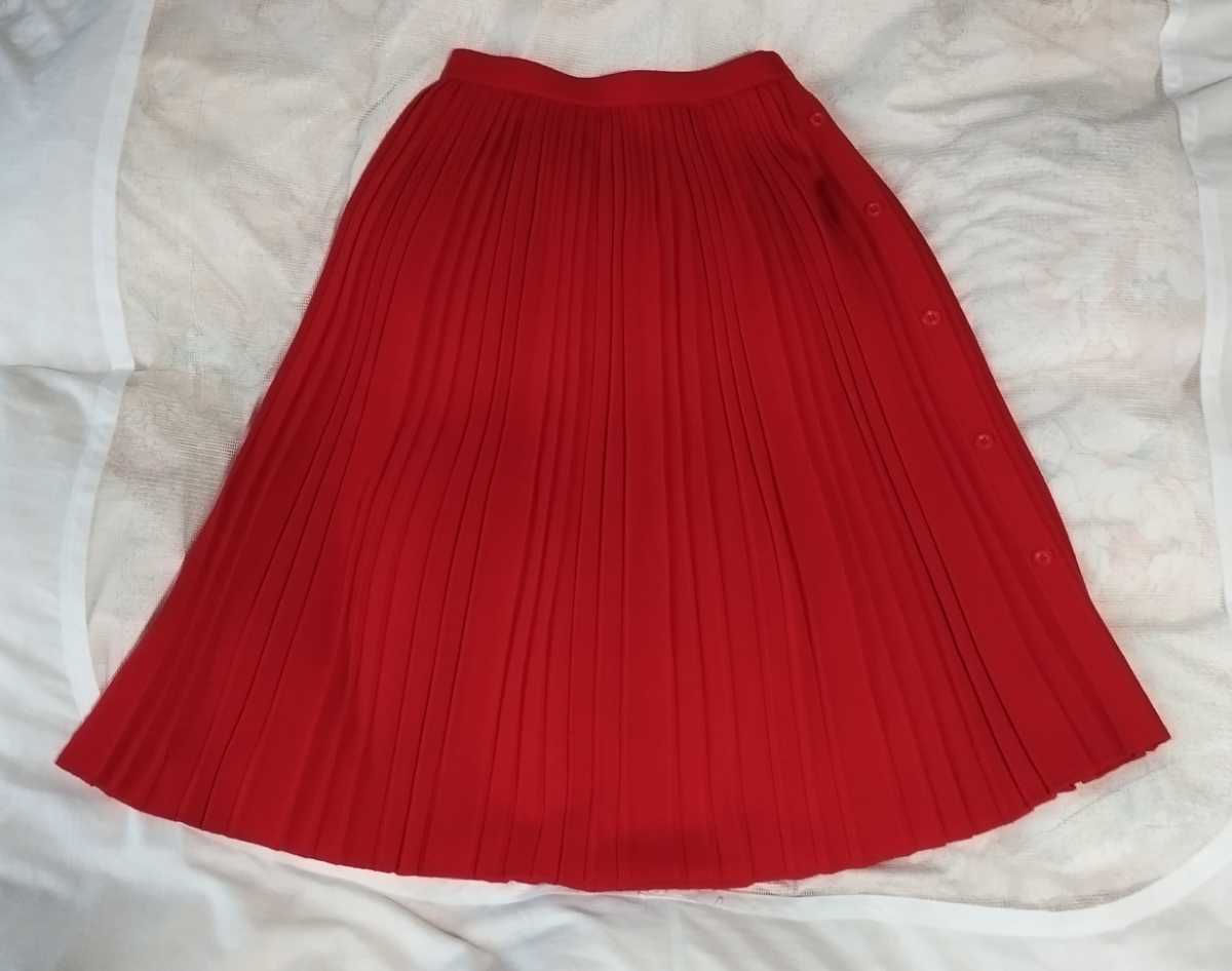 CORDIER 赤 ニットプリーツスカート 膝下丈 ウール100% 暖かい 美品 M拍卖