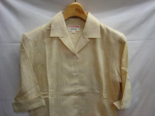 送料無料!半袖シャツ 5分袖 開襟 ドビークロス綿麻布 Lサイズ ベイジ ALL’s レディース★未使用格安!拍卖