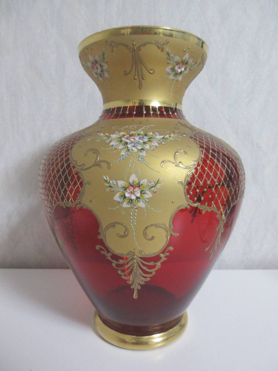 ベネチアングラス 花瓶 フラワーベース 金彩 花柄 約31cm拍卖