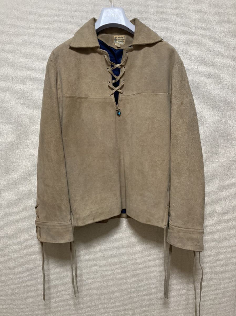 60's70's USAヴィンテージ レースアップ プルオーバー レザージャケット ターコイズ GAMUZA シャモア 鹿 山羊 スウェード 36 IDEALジップ拍卖