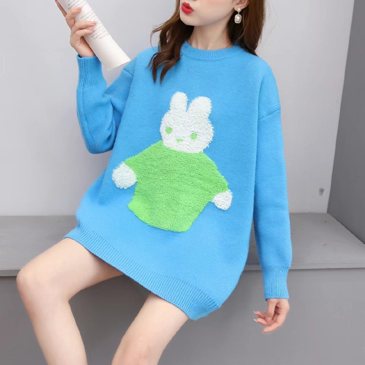 cjx2180★Fサイズ♪秋冬新作 オシャレ ラウンドネック 暖かい ニットセーター ふんわり袖 20304050代 着痩せ ニットトップ拍卖