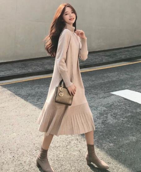 LHK941★レディース ワンピース ニット ロング丈 無地 シンプル 長袖 膝下 着痩せ エレガント タートルネック おしゃれ拍卖