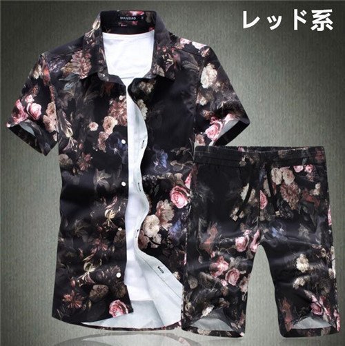 LHW1043★夏 半袖メンズ カジュアル 花柄 シャツ 上下セット セットアップ ショートパンツ ハーフパンツ 短パン レッドL-5XL拍卖