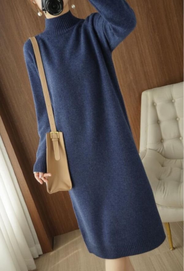 PYD2318★M-XLサイズ♪秋冬新作 オ着痩せ ニッチ 暖かい ひざ丈シャレ 立ち襟 ワンピットセーター カシミヤ混 大人 ストレース * 紺拍卖