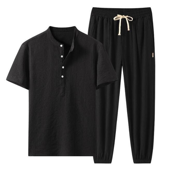 HSM239★夏新品ジャージ メンズ 綿麻セットアップ 上下セット カジュアル 半袖シャツ サルエルパンツ 部屋着 涼しい おしゃれM~4XL拍卖