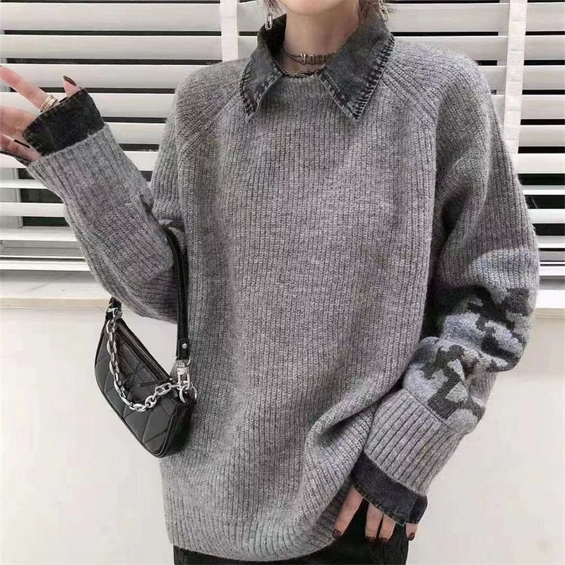 cjx2216★Fサイズ♪秋冬新作 オシャレ ラウンドネック 暖かい ニットセーター ふんわり袖 シャツの襟20304050代 着痩せ ニットトップス拍卖