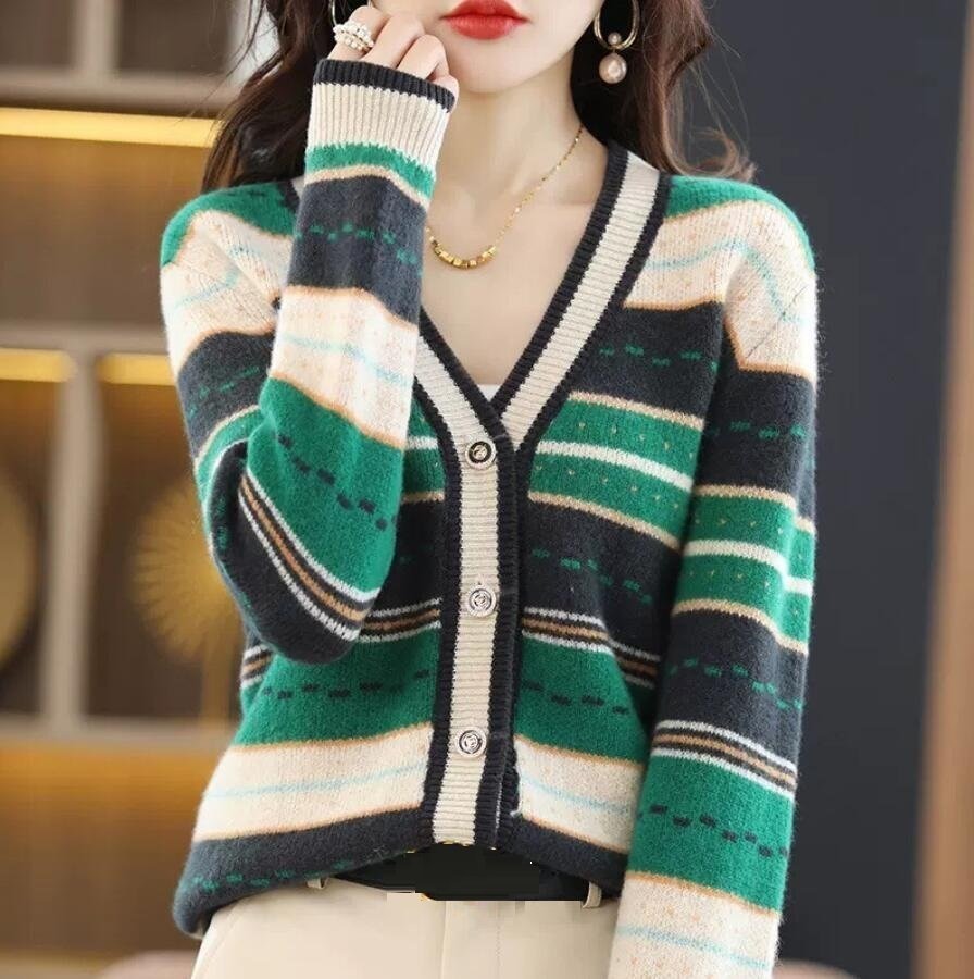 PYD2299★M-XLサイズ♪上質 ミンクカシットセー秋冬新作 ター カーディガミヤ混 トップス ゆったり おしゃれ ボーダー柄 ニン拍卖