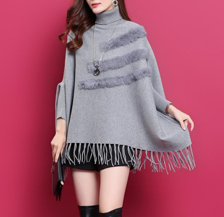 PYD2260★Fサイズ♪秋冬 上質ディース ハイネック 着 マント ケ マン痩せ オシャレ 防寒着 ポンチョトコート ニットセーター レープコート拍卖