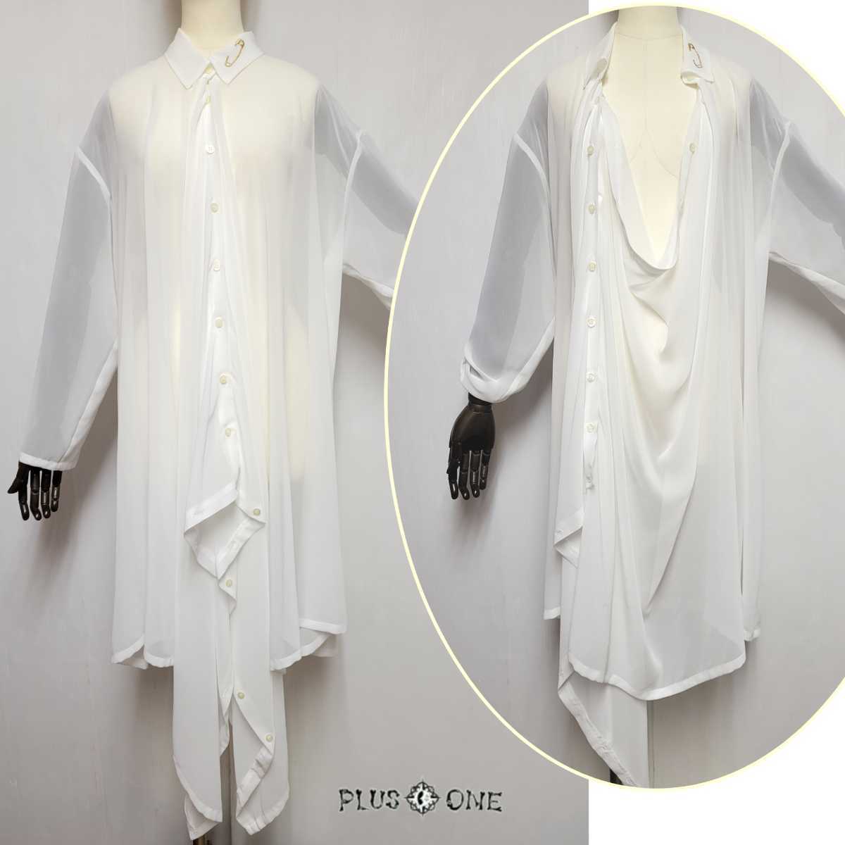 【element,H/エレメンツアッシュ】シフォンドレープシャツ ホワイト / 変形 ブラウス ロング拍卖