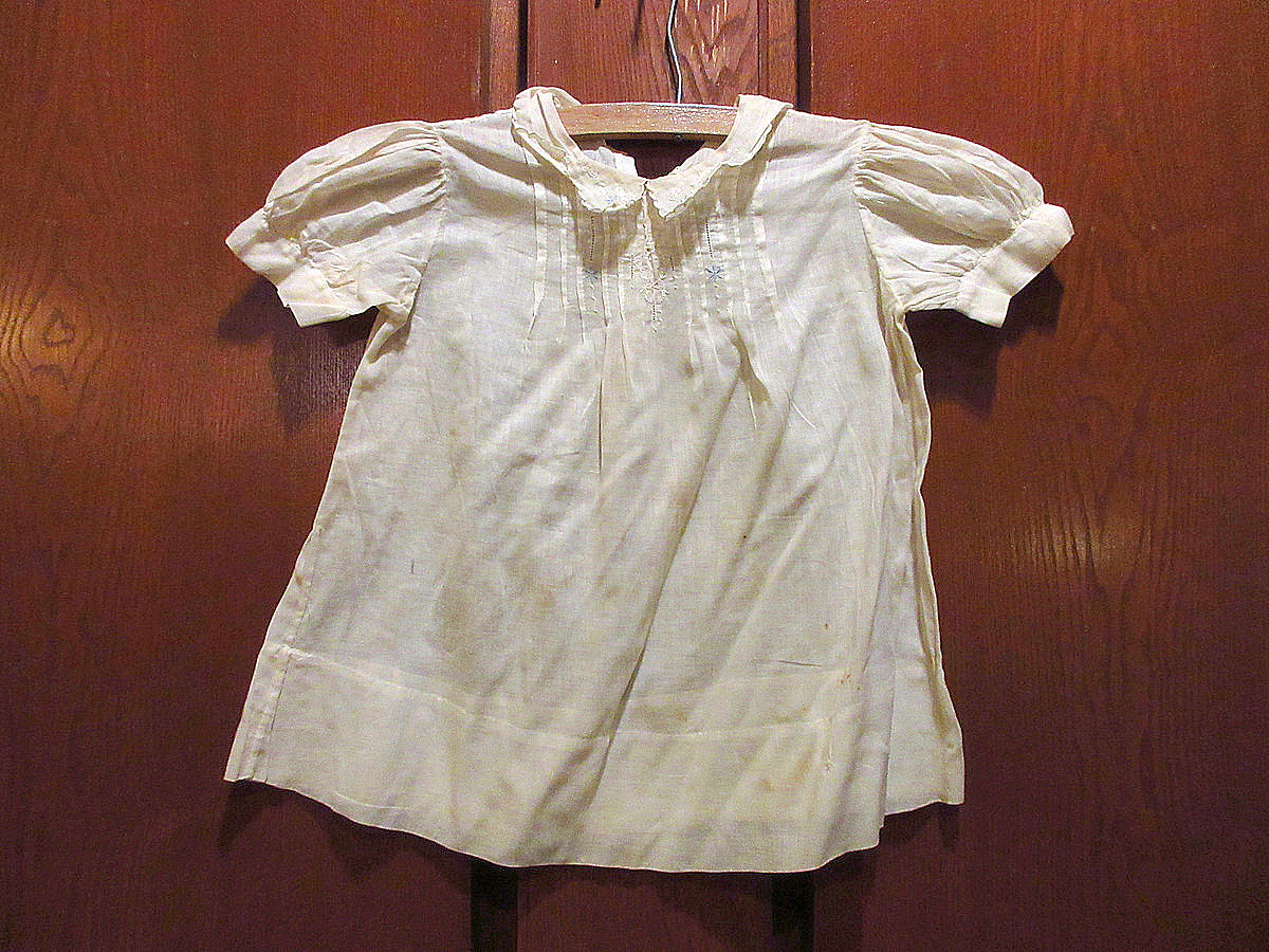 ビンテージ-30’s●キッズ花刺繍入りプリーツ半袖ワンピース生成りsize 2●210502s11-k-drs 1910s1920s1930sハンドメイドアンティーク拍卖