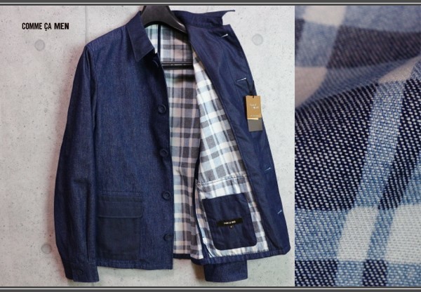 新品 コムサメン 抜染チェック コンビネーション デニム ジャケットS紺/定価4.6万円/COMME CA MEN拍卖