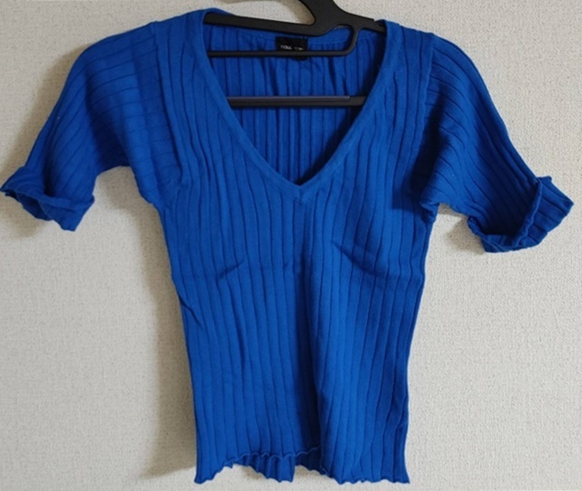 Sサイズ位 noue-rue 半袖 ニット Vネック 青 綿100% サイズ2拍卖