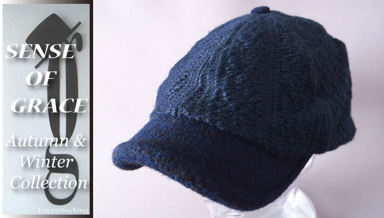 graceグレース★ケーブル編みダービーキャスケット【紺】新品 サイズ調節可能 男女兼用 ざっくりニット ウール混拍卖