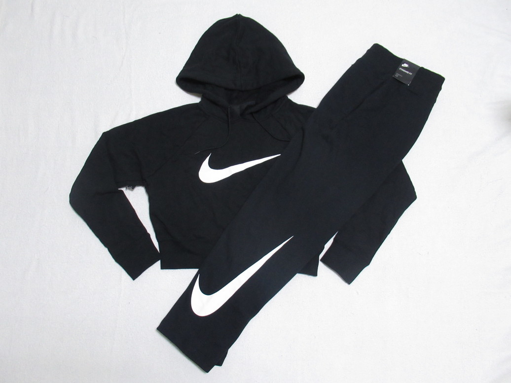 NIKE スウェット パーカー パンツ セットアップ 黒 ブラック L ナイキ スウッシュ ジャージ レディース BQ9755-010 AR2939-010拍卖