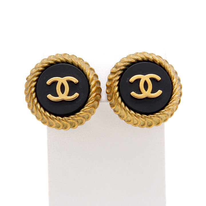 中古良品 シャネル イヤリング ココマーク ヴィンテージ 95C GP ブラック CHANEL アクセサリー ゴールド coco レトロ フランス製拍卖