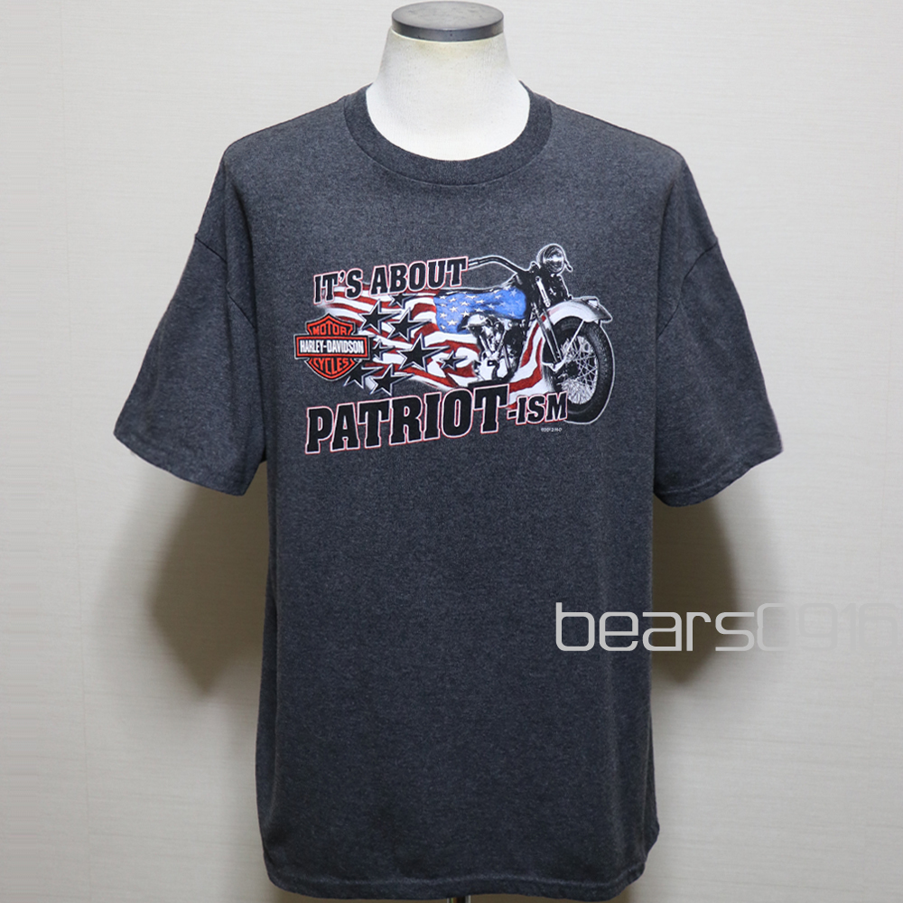 アメリカ購入 USED品 Harley-Davidson ハーレーダビッドソン 星条旗バイク & PATRIOT FAIRFAX VA 両面グラフィックプリント Tシャツ 杢灰XL拍卖