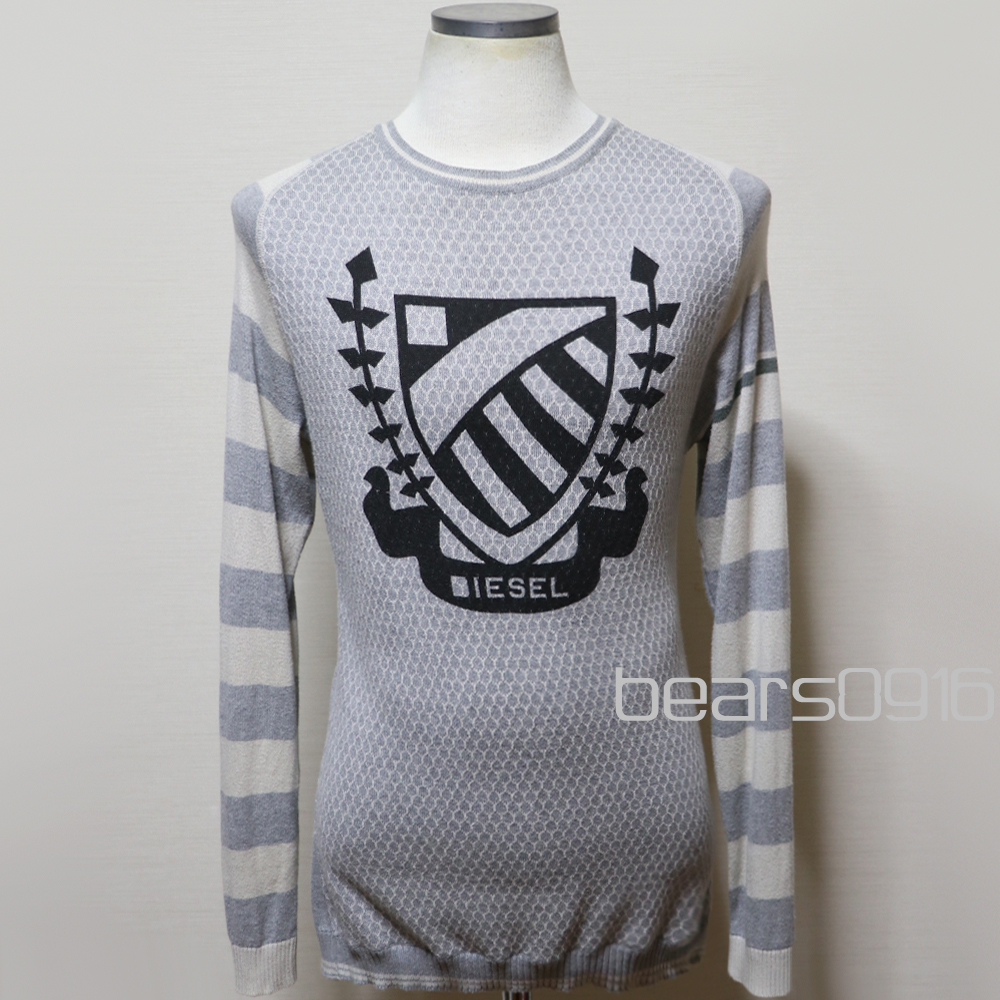 USED品 DIESEL ディーゼル コットン クルーネックセーター ジャガード 切り替え プリント ライトグレー×生成り S拍卖