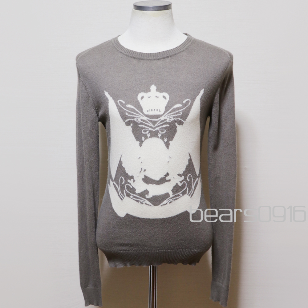 USED品 DIESEL ディーゼル コットンカシミア クルーネックセーター ジャガード グラフィック グレイジュ×生成り S拍卖