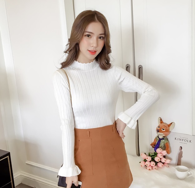 送料無料★新品 フリル クルーネック 長袖 リブニット プルオーバー 長袖トップス トップス ニット★白拍卖