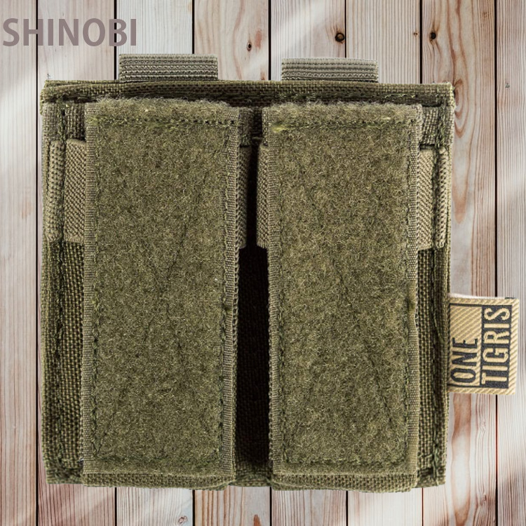 ナイロン製 モール対応 オープントップ式 ダブルピストルマグポーチ 色:グリーン サイズ:15cm 11cm 4cm拍卖