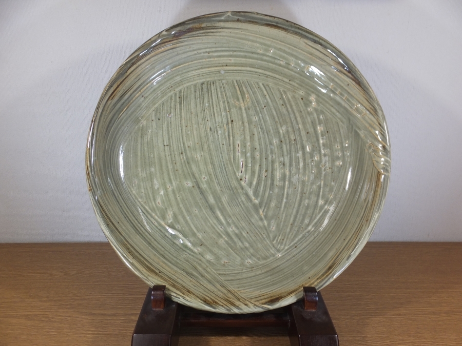 【真作保証】 高鶴元 自作 大作 約38.5㎝ 刷毛目鉢 大鉢 上野焼 遠州七窯 日本工芸会正会員 福岡県文化賞受賞 コレクター放出品 福岡県拍卖